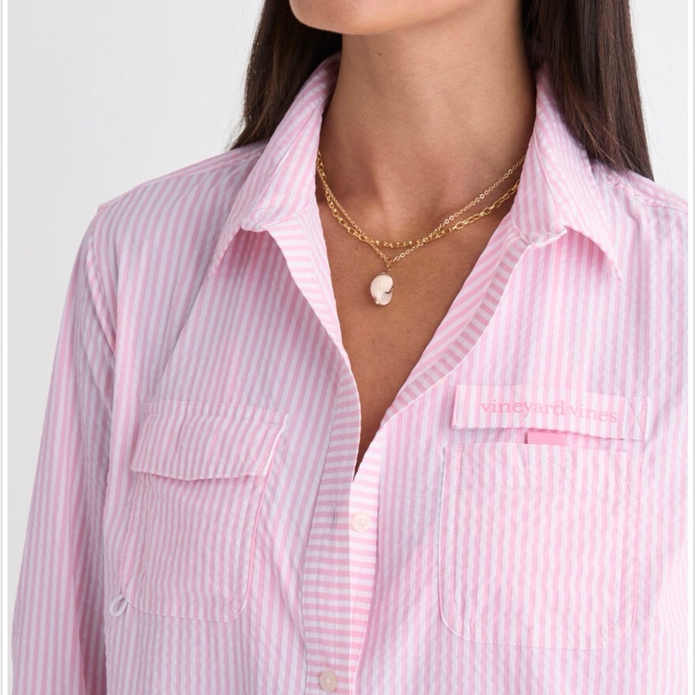 NWT- Vineyard Vines Pink Striped Harbor Button-Down Swim Coverup - Picture 3 of 11